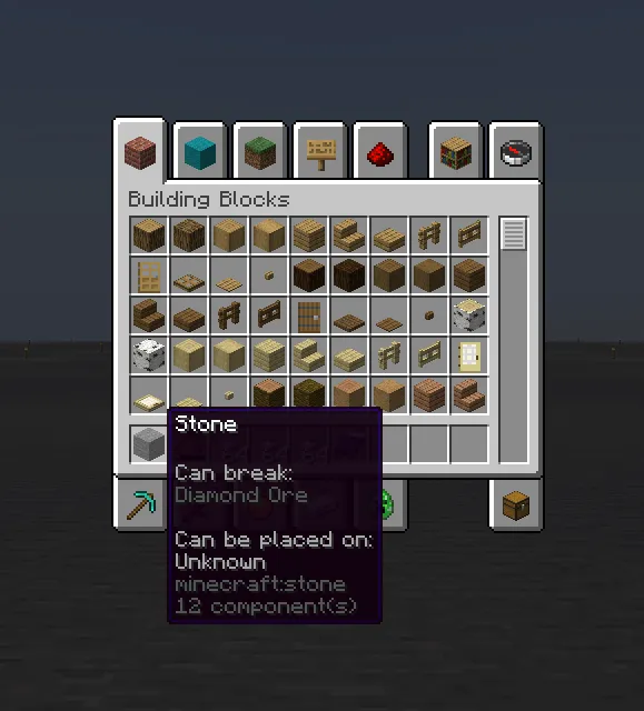 A stack of stone in the Minecraft creative inventory. Can Break: Diamond Ore. Can be placed on: Unknown. 12 component(s).