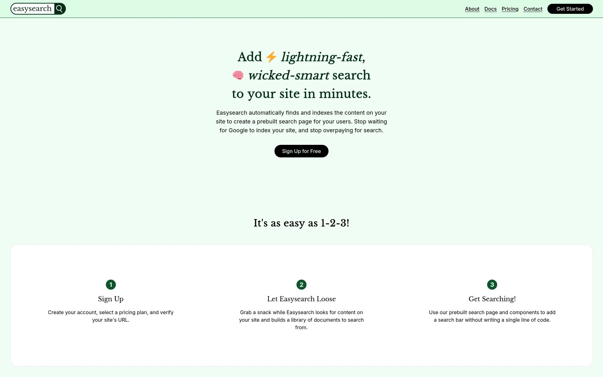 Easysearch home page. The hero section reads "Add lightning-fast, wicked-smart search to your site in minutes."