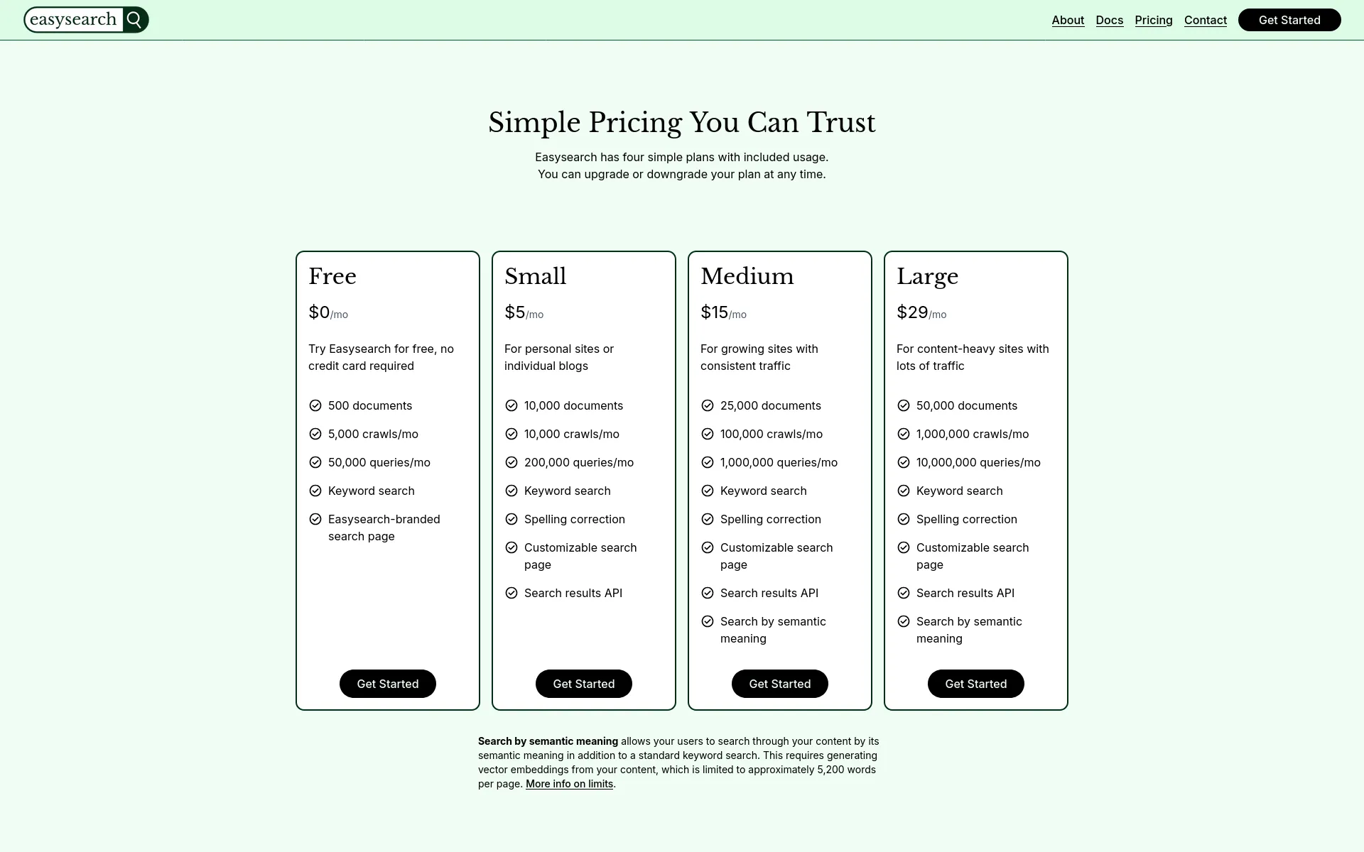 Easysearch pricing page. The header says "Simple Pricing You Can Trust", and there is a grid of four pricing plans - Free, Small, Medium, and Large - with lists describing their various features.