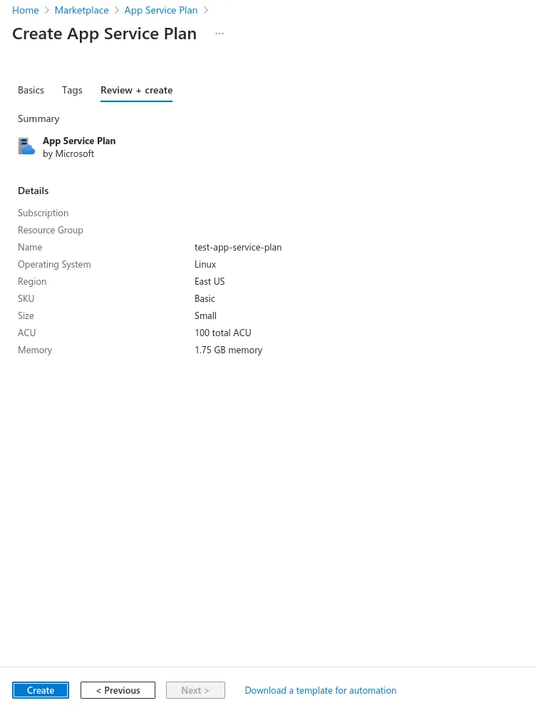 The "Review and create" confirmation screen. It displays the ASP's details that were entered in the prior form.